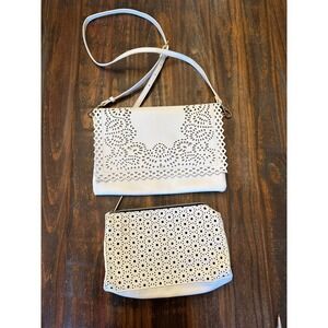 Moda Luxe & Estee Lauder White Laser Cut Clutch‎ & Crossbody Bag 2 pieces NWOT